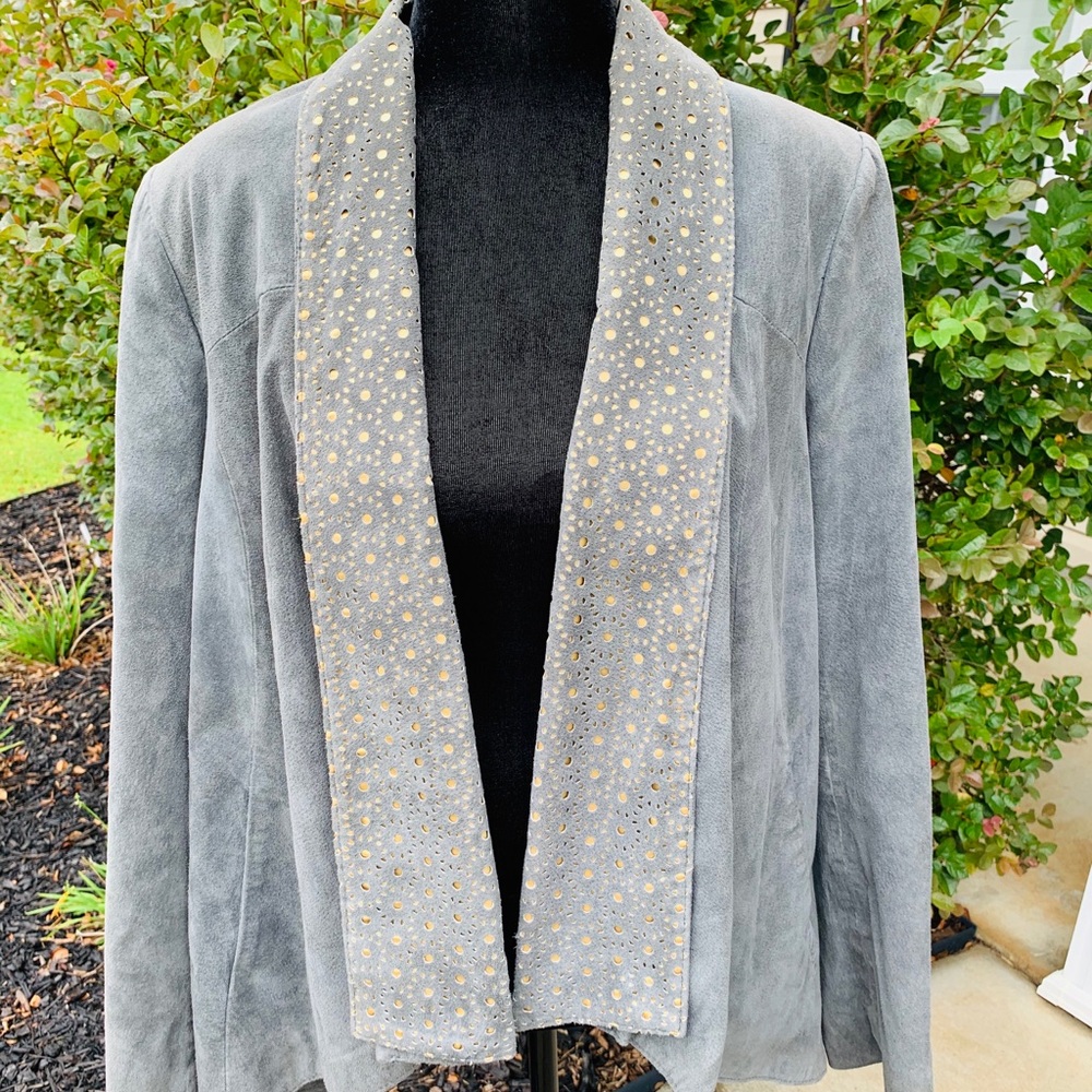 IMAN 100% Genuine Leather Gray Blazer Gold Accent